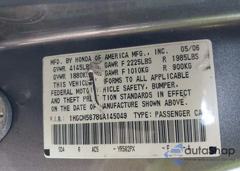 2006 Honda Accord 2.4 Ex из США, поврежденный, VIN 1HGCM56786A145049